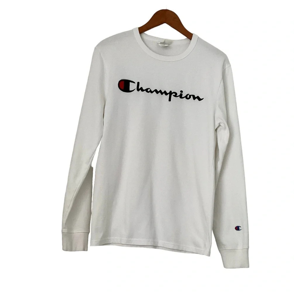 Champion Mens Long Sleeve T-Shirt Sz S White Logo Athleisure Lounge Comfy Unisex